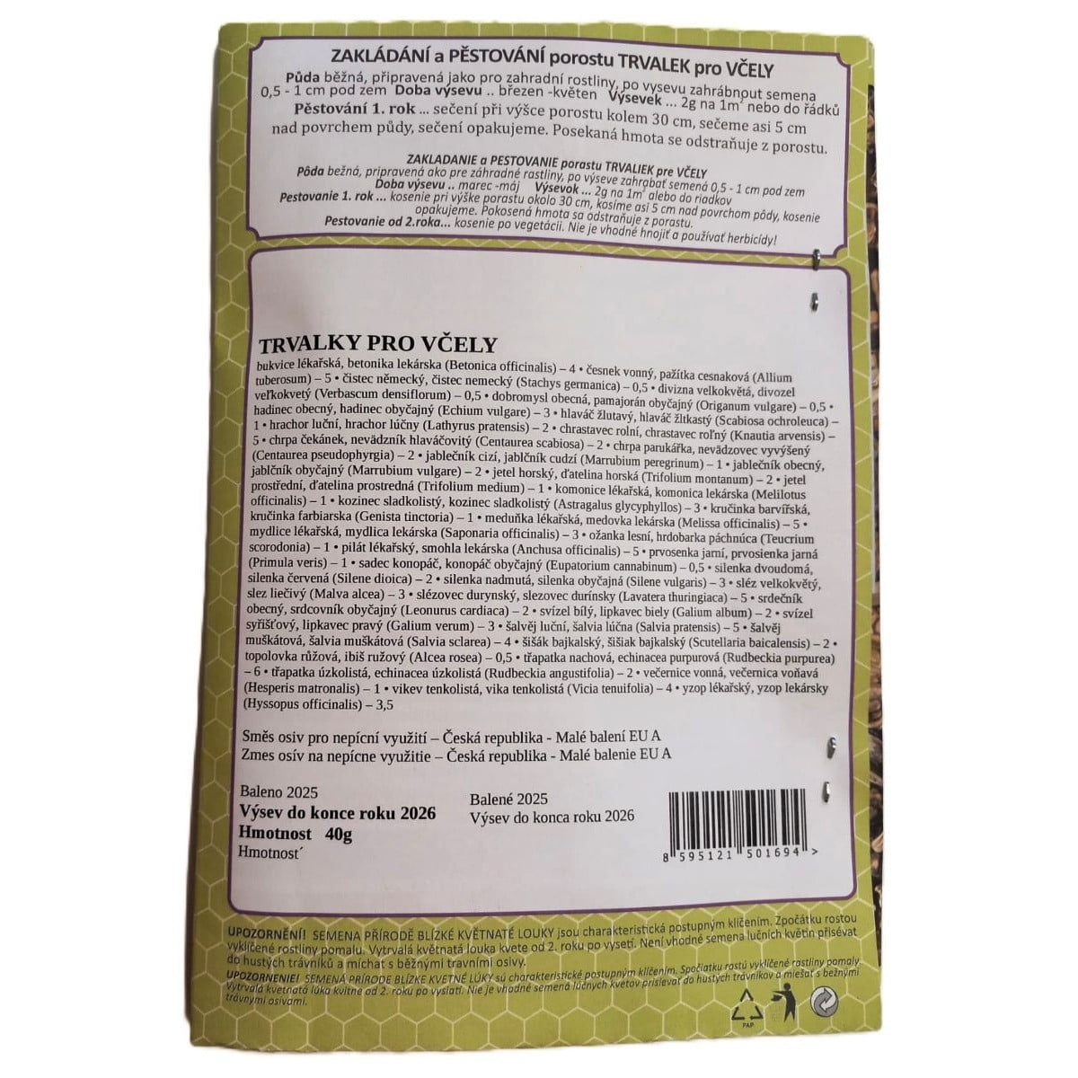 Kvetinová trváca lúka pre včely - Plata Naturalis - osivo lúčnych kvetov - 40 g